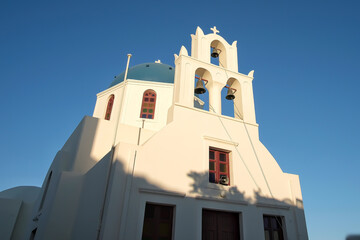A beautiful white Orthodox Church  and a blue sky in Oia  Santorini Greece