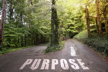 The text Purpose on a road in the woods with sun rays shining.