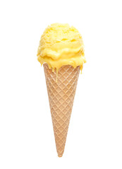 Mango ice cream scoop with cone isolated on white background