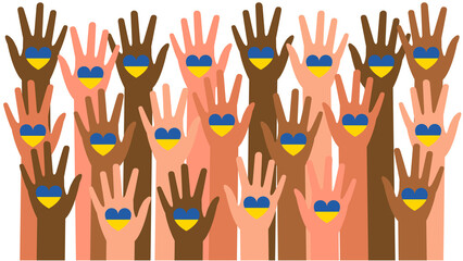 Love Ukraine, heart emblem national flag in blue and yellow colors. Flag of Ukraine with heart shape and hands up in different skin tones. Vector illustration