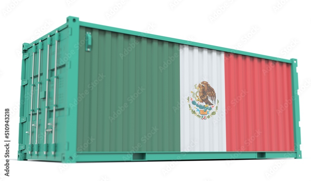 Poster shipping container with flag of mexico on the side, 3d rendering