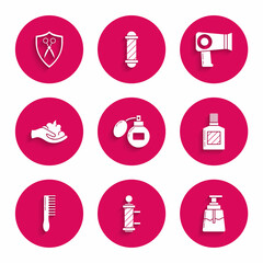 Set Aftershave, Classic Barber shop pole, Hairbrush, Shaving gel foam on hand, dryer and Scissors hairdresser shield icon. Vector