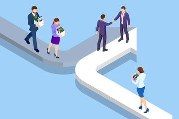 Fototapeta premium Isometric Business Success Concept. Entrepreneur business man leader. Searching for opportunities. Business concept. Business man handshake.