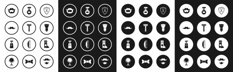 Set Scissors hairdresser and shield, Shaving razor, Mustache, beard, brush, Cream lotion cosmetic tube, gel foam and icon. Vector