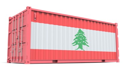 National flag of Lebanon on the side of a cargo container. Conceptual 3d rendering