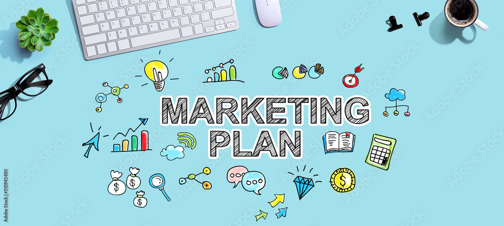 Aufkleber marketing plan with a computer keyboard and a mouse