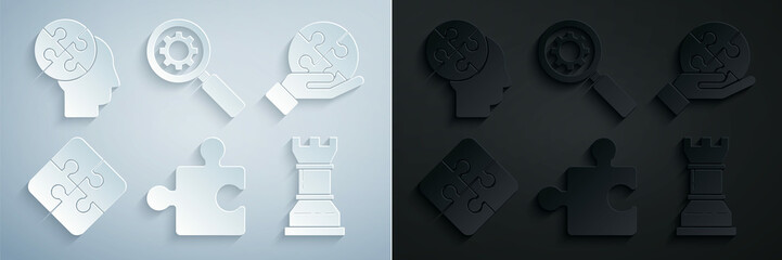 Set Piece of puzzle, in hand, Business strategy, Magnifying glass gear and Human head puzzles icon. Vector
