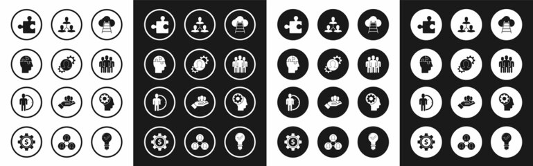 Set Ladder leading to cloud, Human with gear inside, head puzzles strategy, Piece of, Users group, Project team base, and Time Management icon. Vector