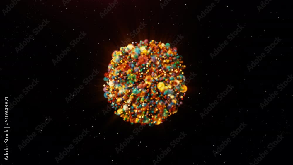 Poster round spherical object of many small glowing particles. motion. multicolored ball shrinking and disa
