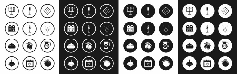 Set Star of David, Burning candle in candlestick, Tombstone with star david, Hanukkah menorah, necklace chain, Jewish goblet, Decanter and sweet bakery icon. Vector