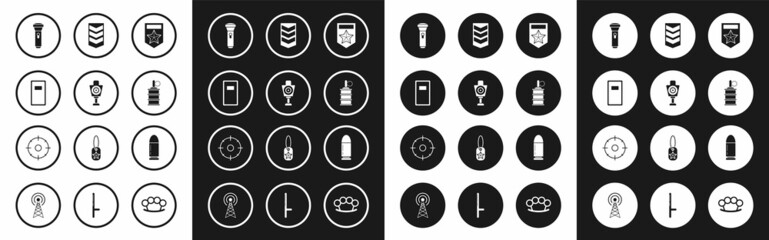 Set Chevron, Human target sport for shooting, Police assault shield, Flashlight, Hand grenade, Military rank, Bullet and Target competition icon. Vector