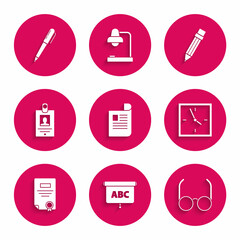 Set Document, Chalkboard, Glasses, Clock, Certificate template, Identification badge, Pencil with eraser and icon. Vector