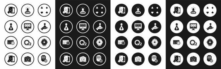 Set Playing cards, Online slot machine with lucky sevens jackpot, Money bag, spades, Hand holding money, Casino losing, Lucky wheel and Credit icon. Vector