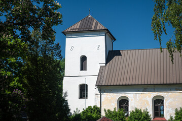 Grobina town lutheran church in summer day, Latvia.