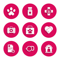 Set Pet first aid kit, Retractable cord leash, Dog house, Heart with cat, Clipboard medical clinical record pet, Veterinary symbol and Paw print icon. Vector