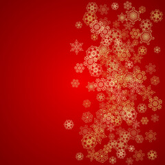 Fototapeta na wymiar Christmas snowflakes on red background. Glitter frame for seasonal winter banners, gift coupon, voucher, ads, party event. Santa Claus colors with golden Christmas snowflakes. Falling snow for holiday