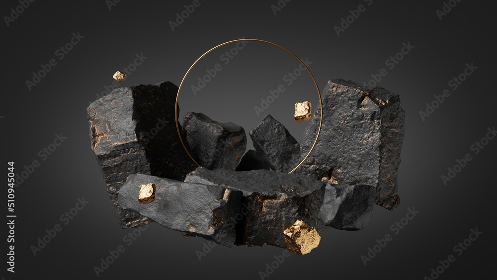 Poster 3d render, abstract background with black cobblestone ruins, broken rocks, round frame and golden nu