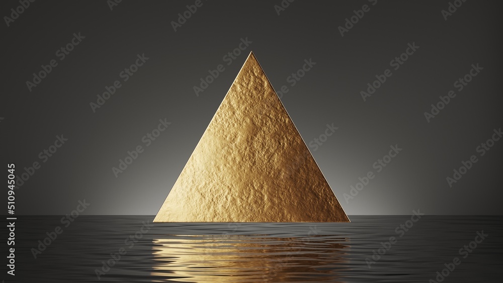 Poster 3d render, abstract minimal black background with simple geometric round shape. golden triangle levi