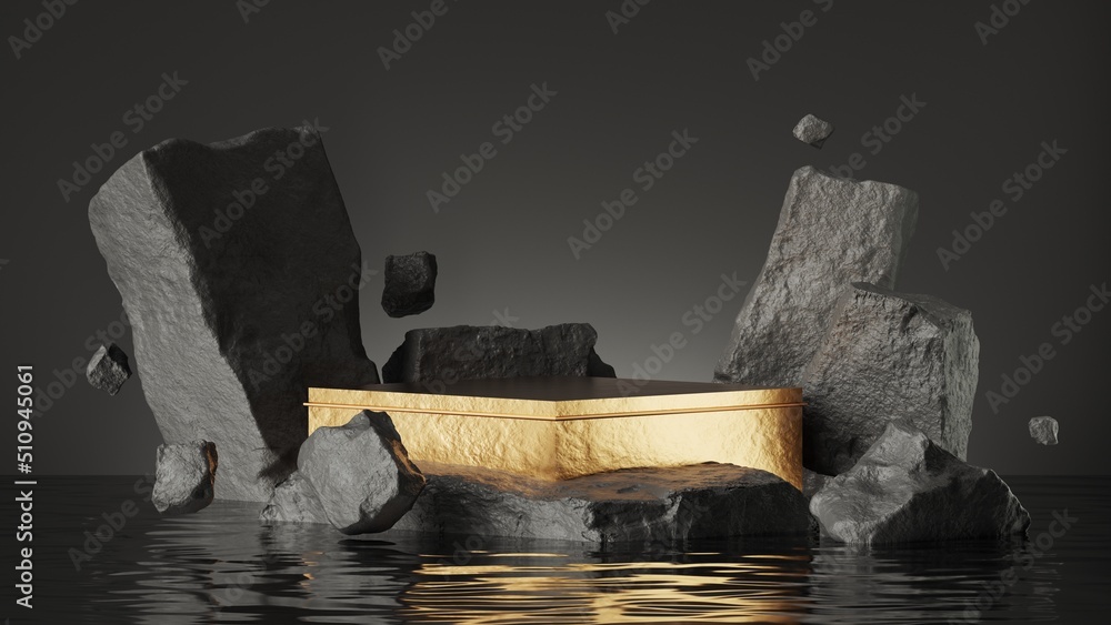 Poster 3d render, abstract background with empty golden stage, black broken rocks cobble stone ruins standi