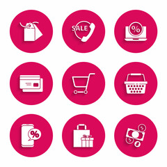 Set Shopping cart, Gift box, Money cash and coin, basket, Percent discount phone, Credit card, laptop and Blank label template price tag icon. Vector
