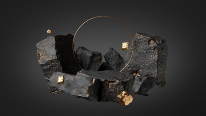 3d render, abstract background with black cobblestone ruins, broken rocks, round frame and golden nuggets. Modern minimal showcase scene with blank space for product presentation