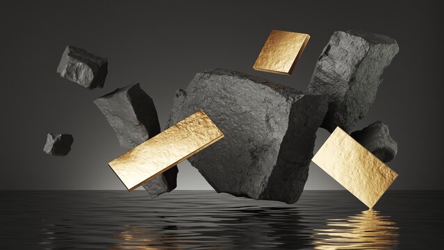 3d render, abstract futuristic background. Gold geometric panels and black rocks levitate above the water with reflection. Modern unique creative wallpaper
