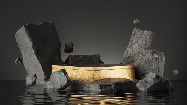 3d render, abstract background with empty golden stage, black broken rocks cobble stone ruins standing in the water with reflections. Futuristic showcase scene for product presentation
