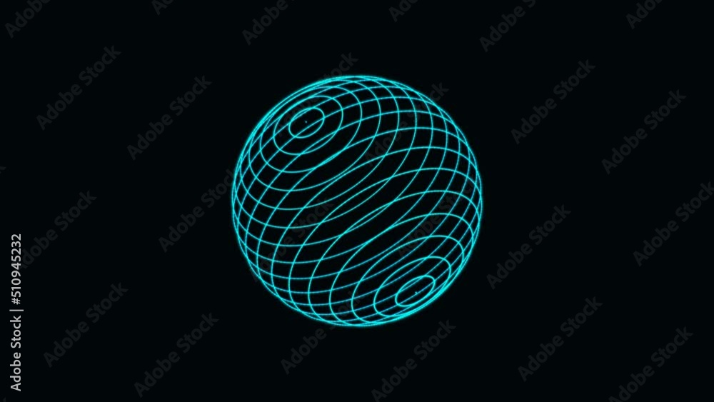 Poster animated neon background with rotating sphere symbol. pattern blue random plexus lines. circular maz