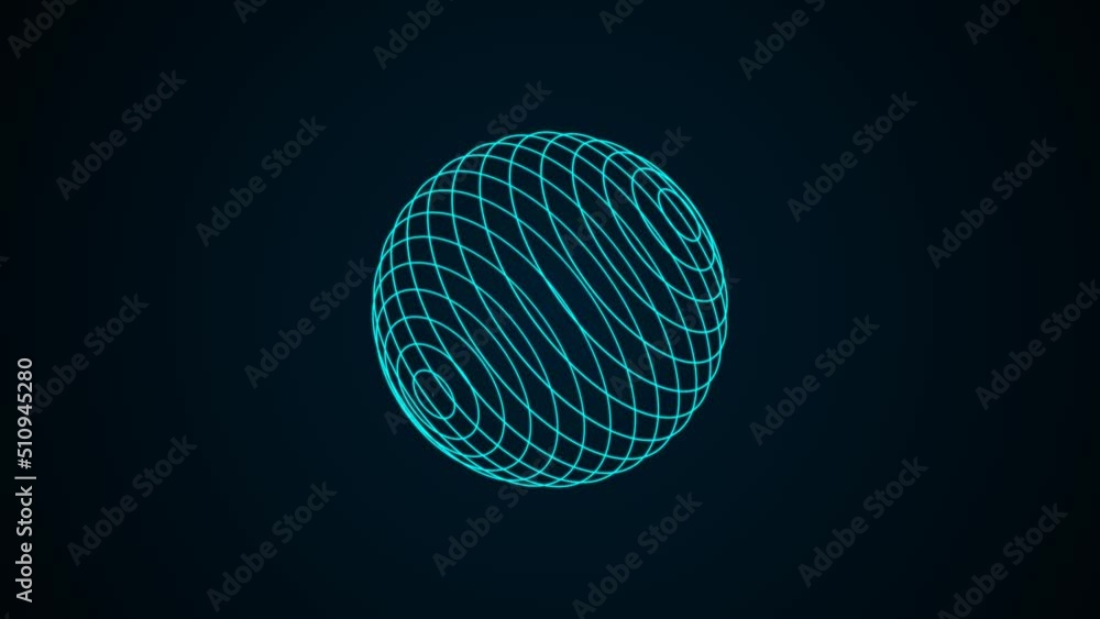 Poster animated neon background with rotating sphere symbol. pattern blue random plexus lines. circular maz