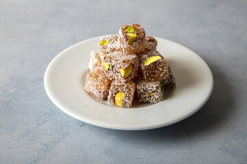Traditional pistachio Turkish delight in a plate