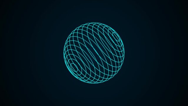 Animated neon background with rotating sphere symbol. Pattern blue random plexus lines. Circular maze. Hypnosis session. Stunt. Intro for computer screensavers, business, technology, logo, science. 4k