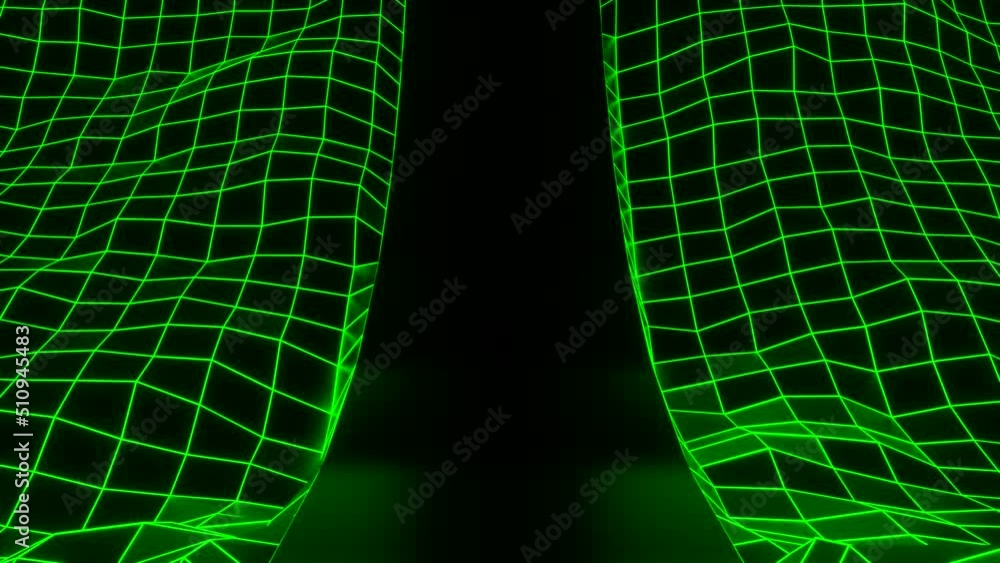 Poster moving curved space with computer grids. design. slide with neon retro grid in cyberspace. racing ro