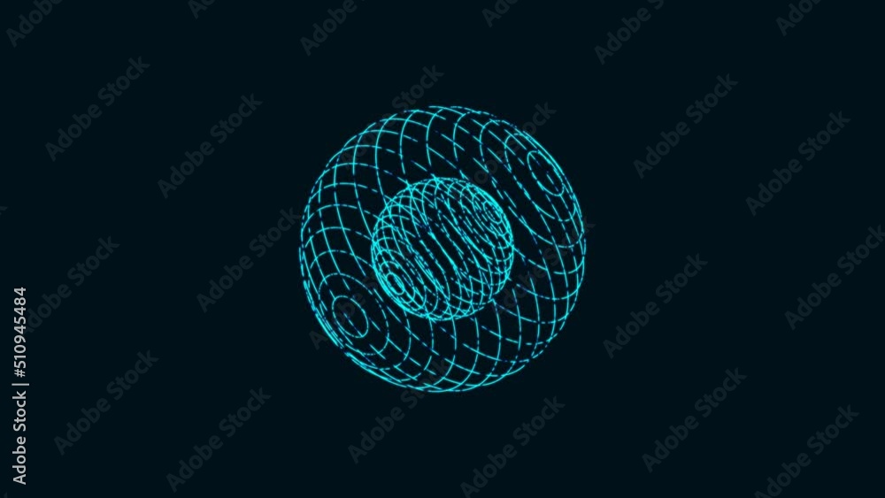 Poster glowing animated sphere inside sphere symbol. random rotating circles. pattern connecting blue lines