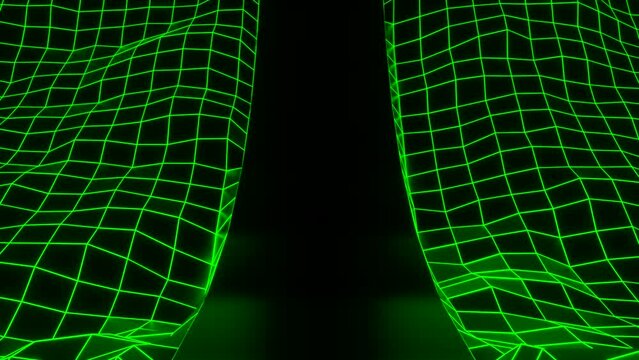 Moving curved space with computer grids. Design. Slide with neon retro grid in cyberspace. Racing road with slide and tenon grid