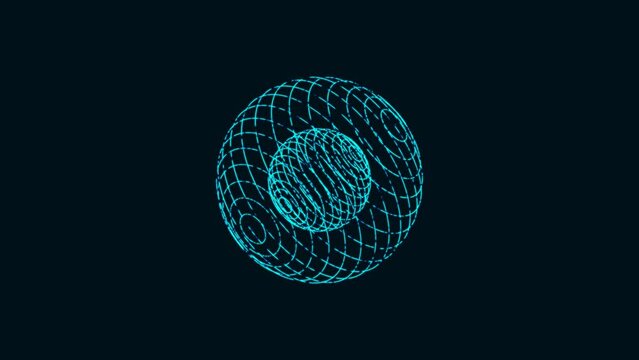 Glowing animated sphere inside sphere symbol. Random rotating circles. Pattern connecting blue lines. Echolocation. Hypnosis. Background presentation, technology, business, intro, screensaver. 4k