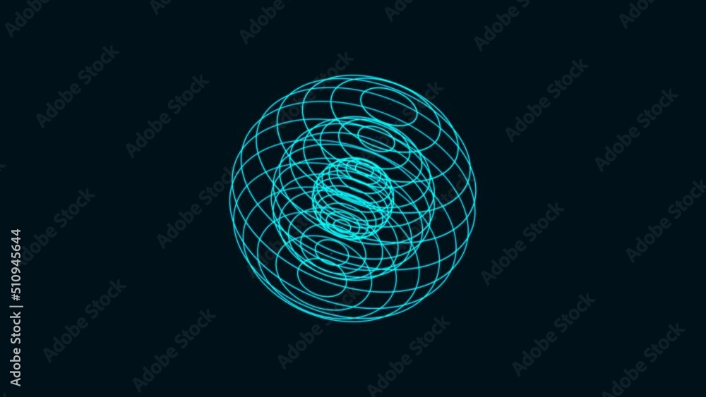 Poster glowing animated sphere inside sphere symbol. random rotating circles. pattern connecting blue lines