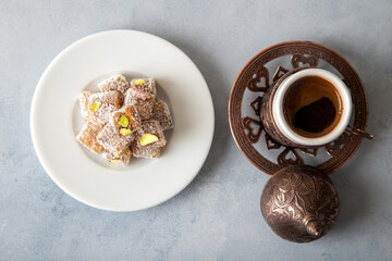 Traditional pistachio Turkish delight and Turkish coffee
