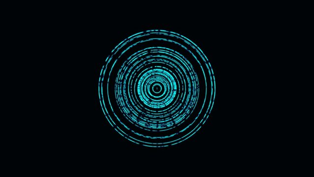 Glowing animated sphere inside sphere symbol. Random rotating circles. Pattern connecting blue lines. Echolocation. Hypnosis. Background presentation, technology, business, intro, screensaver. 4k