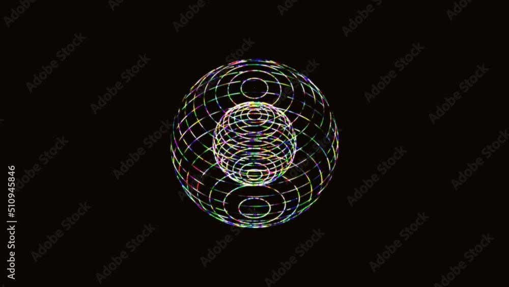 Poster glowing animated sphere inside sphere symbol. random rotating circles. pattern connecting rainbow li