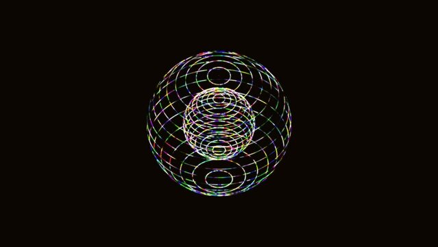 Glowing animated sphere inside sphere symbol. Random rotating circles. Pattern connecting rainbow lines. Echolocation. Hypnosis. Background presentation, technology, business, intro, screensaver. 4k