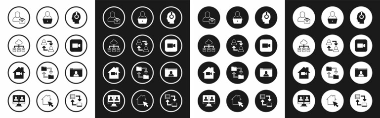 Set Freelancer, Project team base, Online working, Camera, Video chat conference and camera Off home icon. Vector