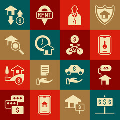 Set House with dollar, Online real estate, Realtor, Time is money, Search house, and Bicycle rental mobile app icon. Vector