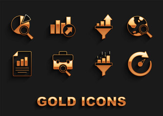 Set Work search, Search globe, Digital speed meter, Sales funnel with chart, Document graph, data analysis and Financial growth icon. Vector