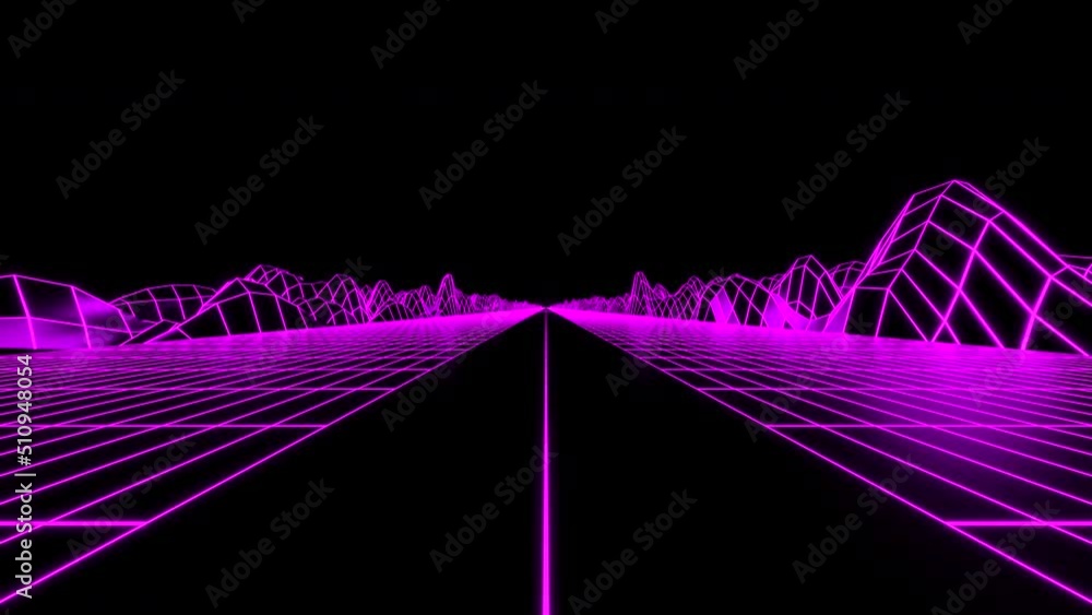 Poster retro-style virtual road. design. cyber animation with neon road and mesh hills. futuristic animatio