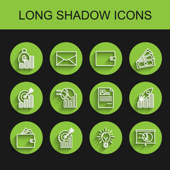 Set line Wallet with stacks paper money cash, Money bag and coin, Light bulb rays shine concept of idea, Board, Pie infographic, Rocket flying up coins growth and Resume icon. Vector