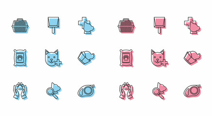 Set line Hands with animals footprint, Veterinary clinic symbol, Pet carry case, Retractable cord leash carabiner, Bag of food for dog and Dustpan icon. Vector