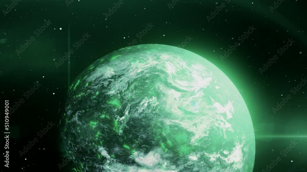 Poster bright glowing planet in space. motion. 3d planet rotates in outer space with colored radiation. pla