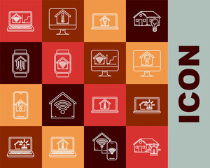 Set line Smart house and alarm, Laptop with smart, Computer monitor light bulb, watch home wi-fi, and icon. Vector