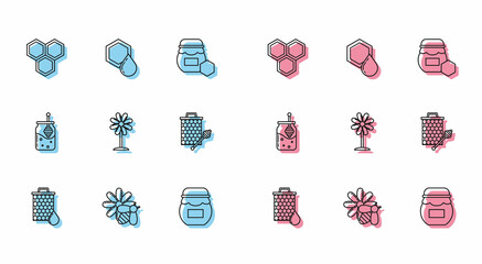 Set line Honeycomb, Bee and flower, Jar of honey, Flower, with dipper stickicon, and icon. Vector