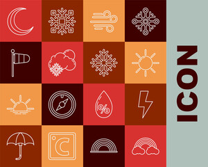 Set line Rainbow with clouds, Lightning bolt, Sun, Wind, Cloud snow and sun, Cone meteorology windsock wind vane, Moon stars and Snowflake icon. Vector - obrazy, fototapety, plakaty